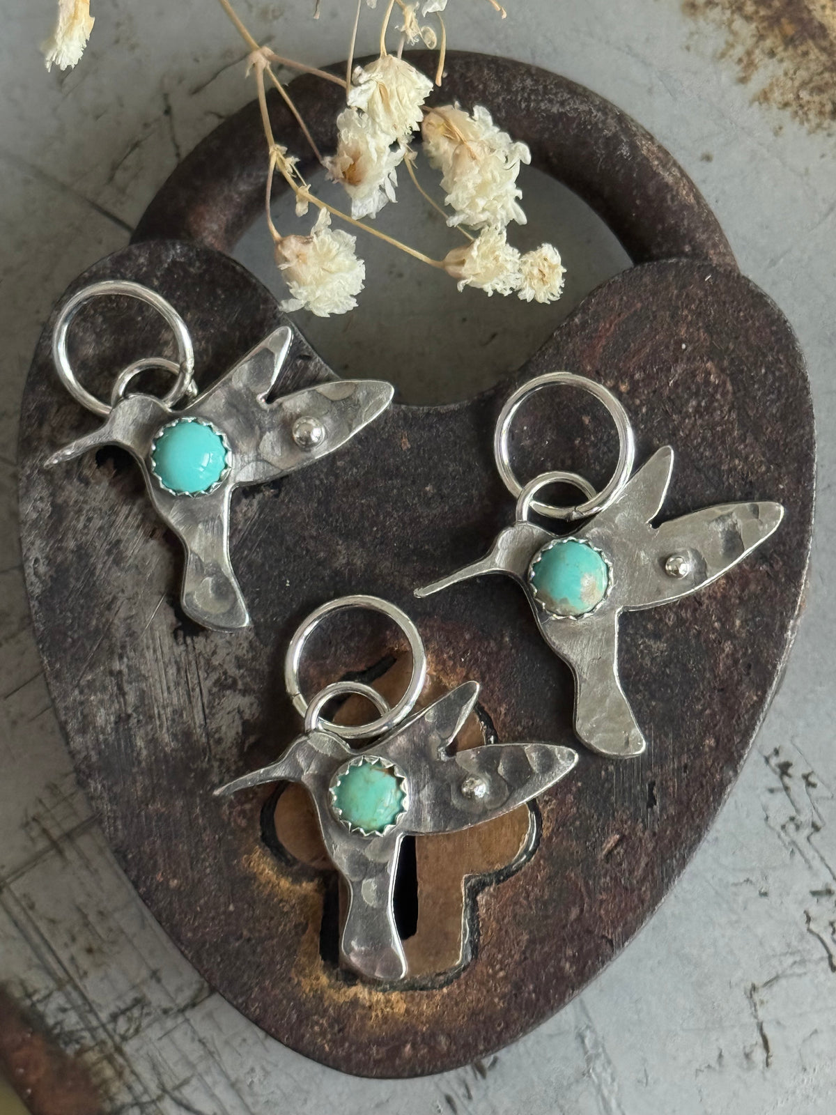 Hummingbird sterling charm with Kingman Turquoise