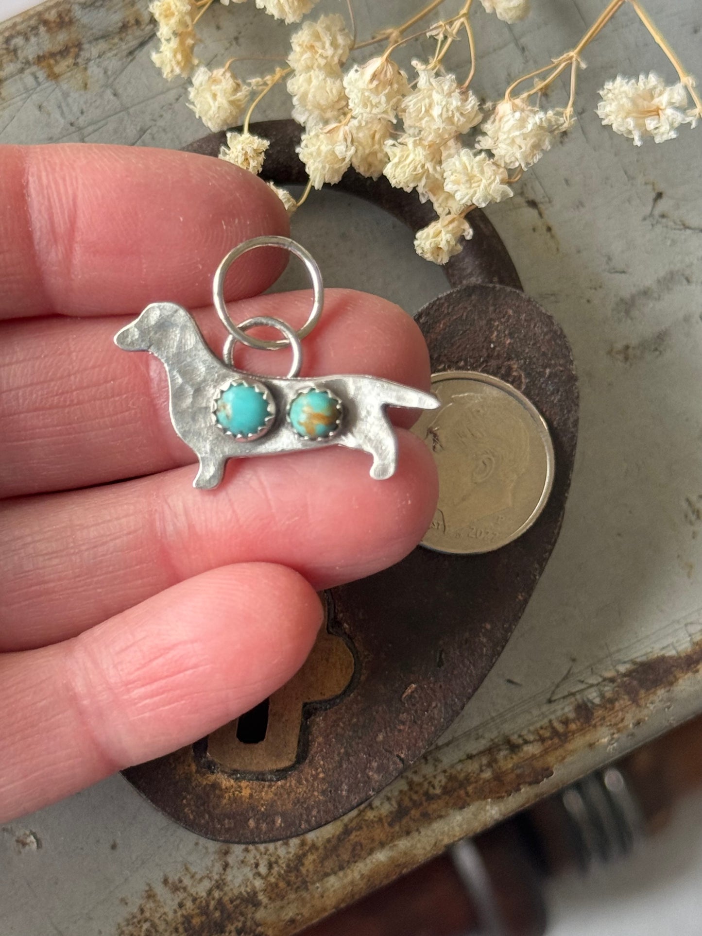 Dachshund sterling pendant with Kingman Turquoise