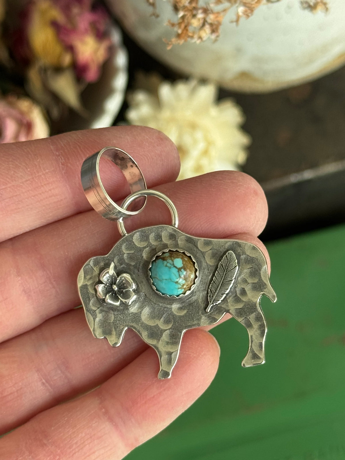 Bison sterling pendant with Number 8 Turquoise