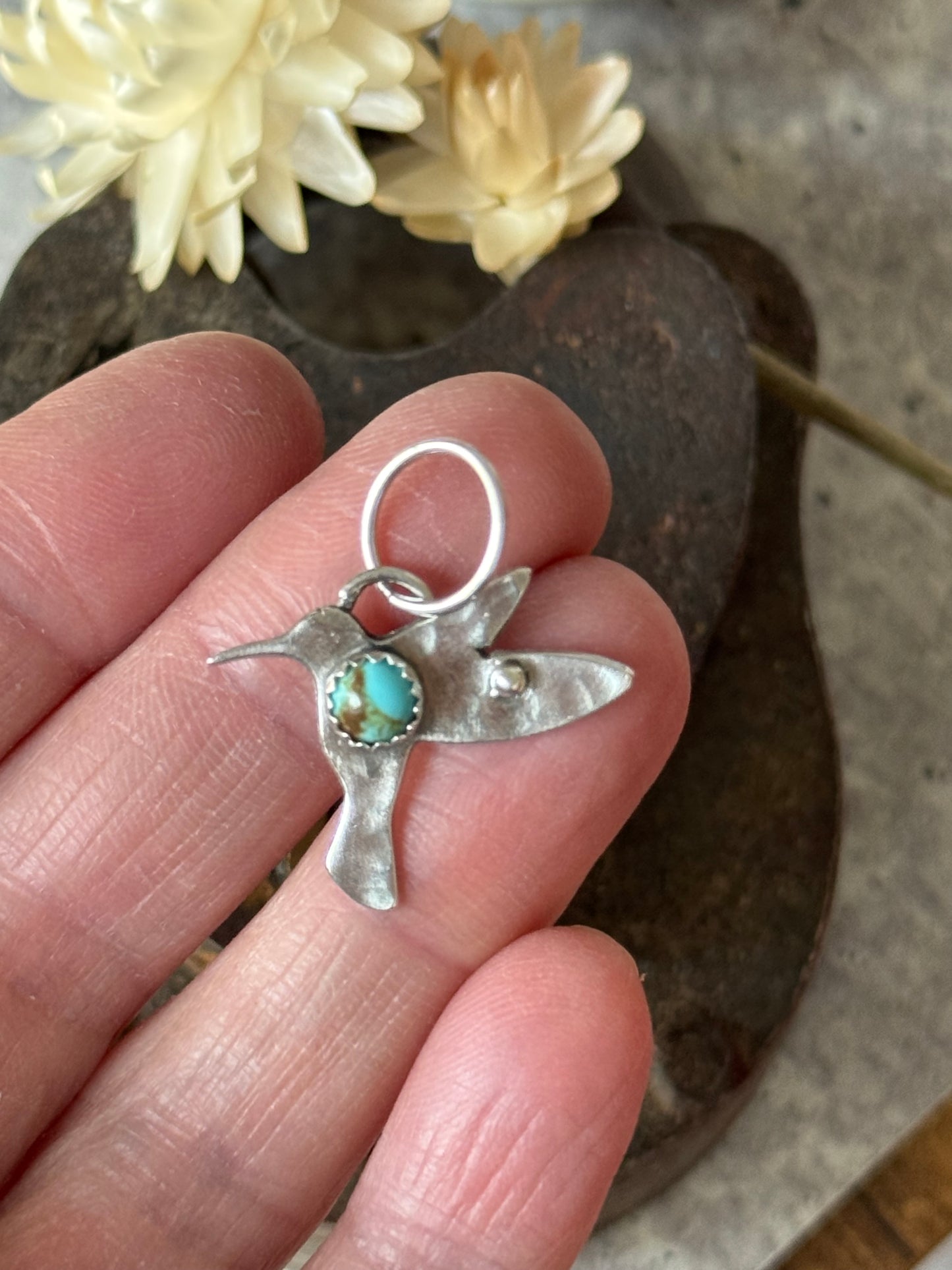 Hummingbird sterling charm with Kingman Turquoise