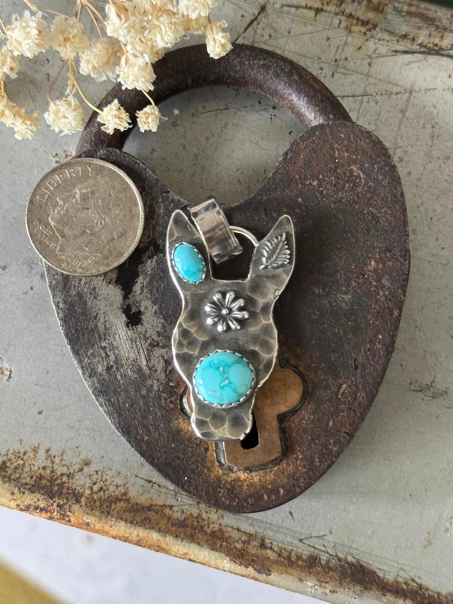 Sterling donkey/burro pendant with Lone Mountain Turquosie