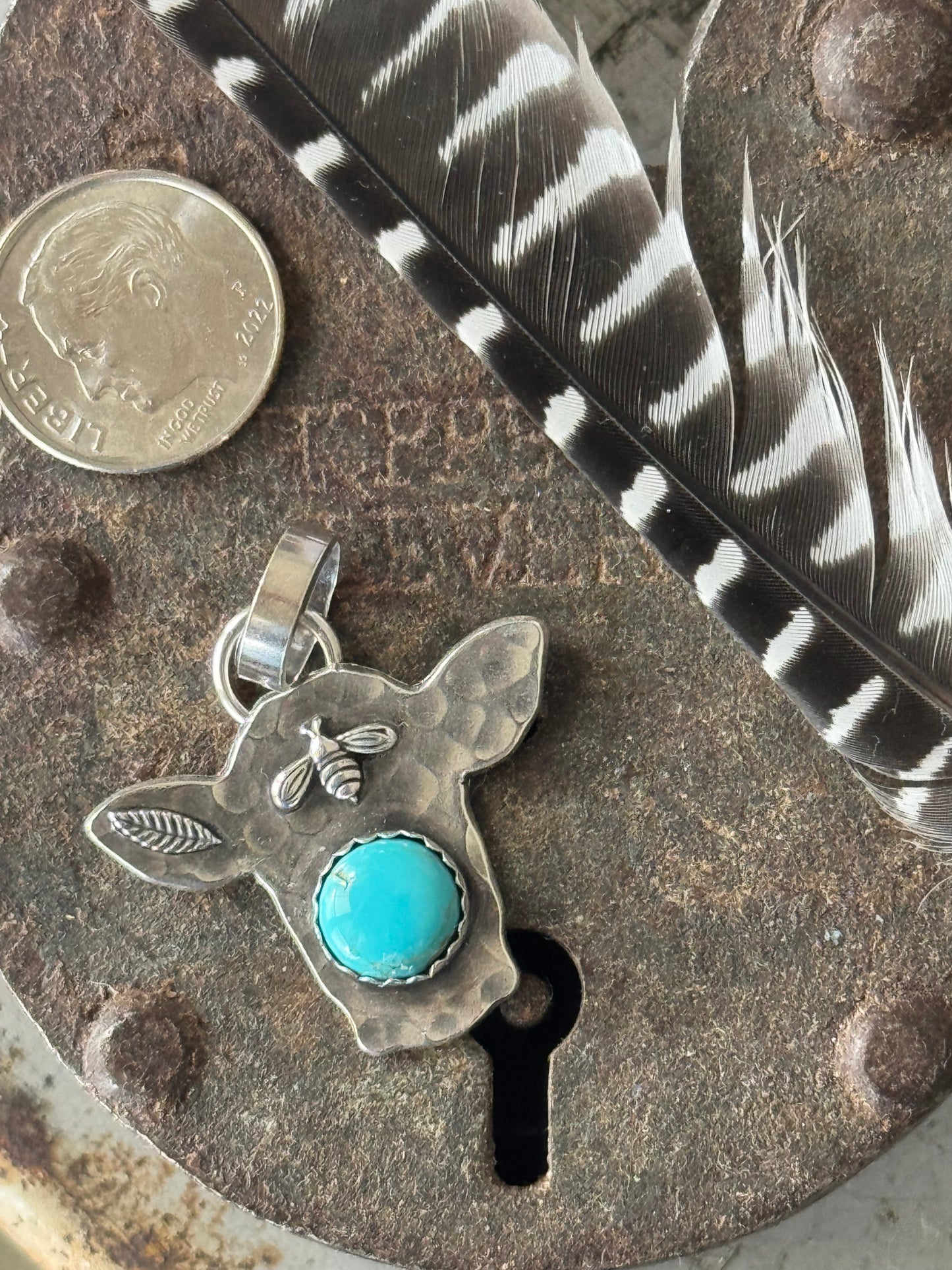 Cow sterling pendant with Lone Mountain Turquoise