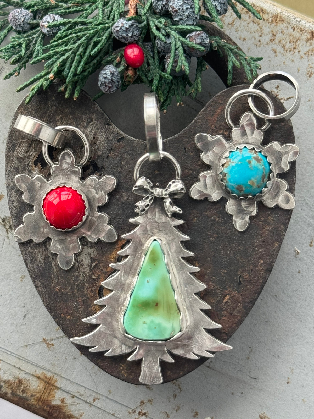 Christmas tree sterling pendant with Pilot Mountain Turquoise