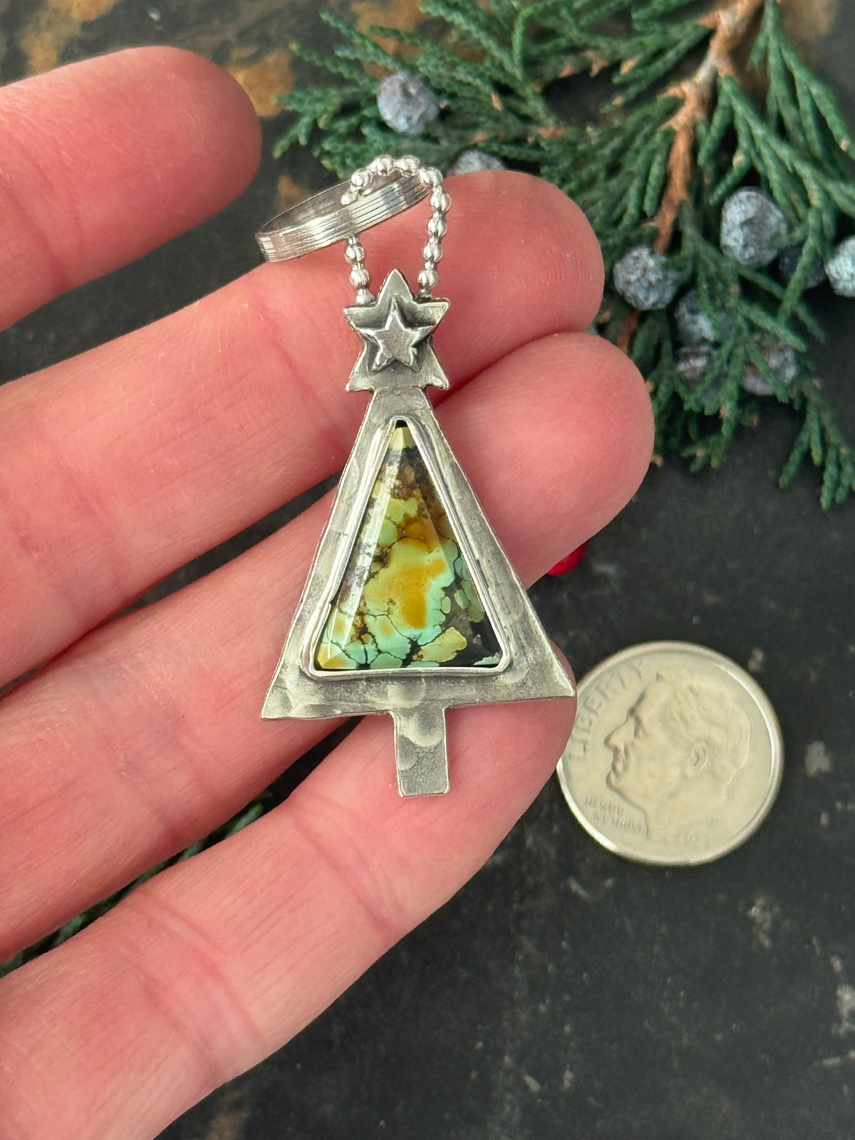 Christmas tree sterling pendant with Treasure Mountain Turquoise