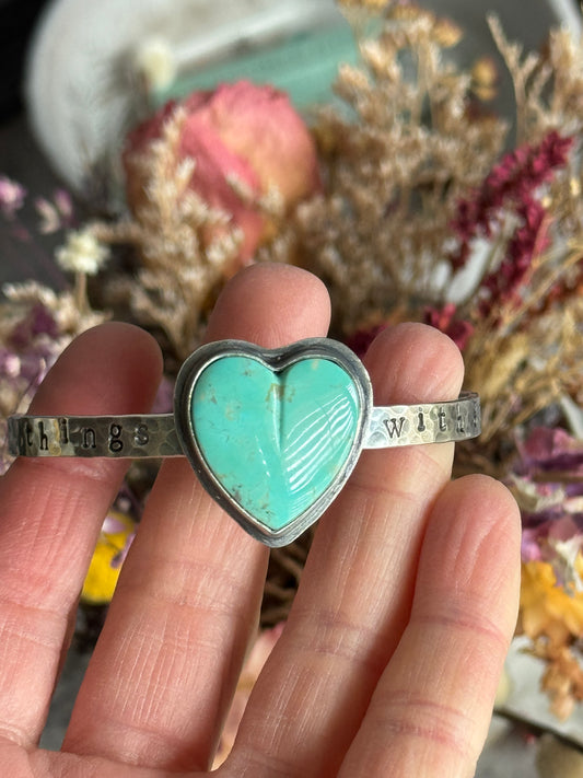 Kingman Turquoise heart "do small things with great love" sterling cuff