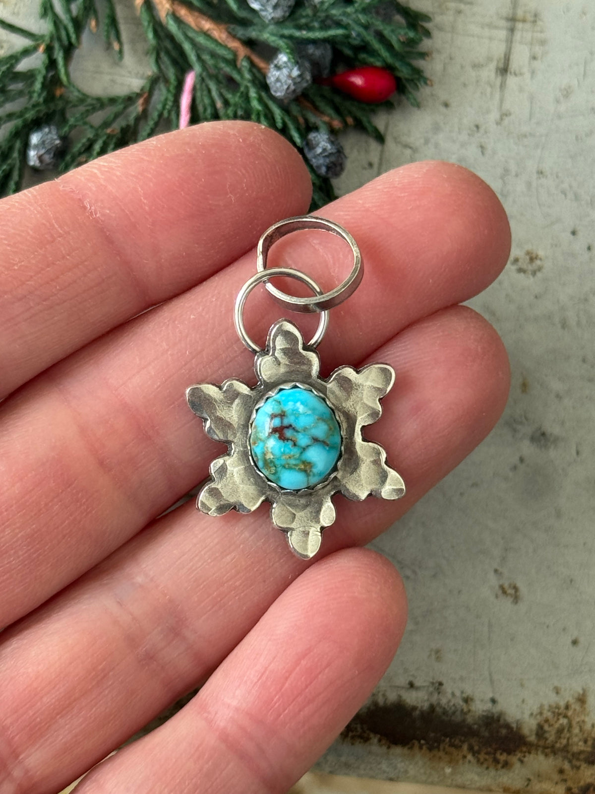 High Grade Kingman Turquoise sterling snowflake pendant