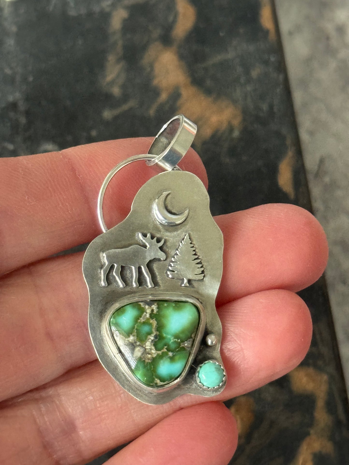 Sonoran Gold sterling moose and evergreen pendant