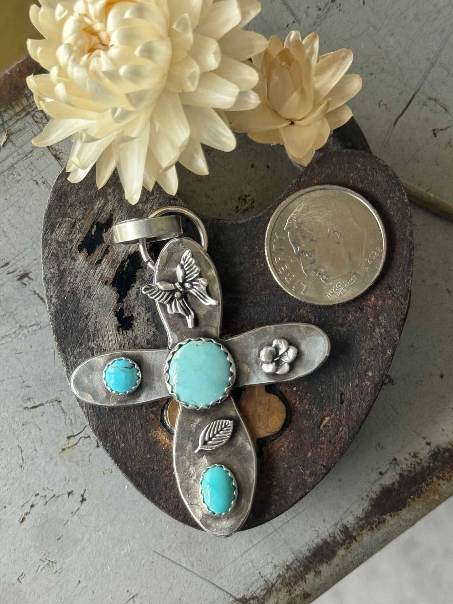 Large Lone Mountain Turquoise sterling cross pendant