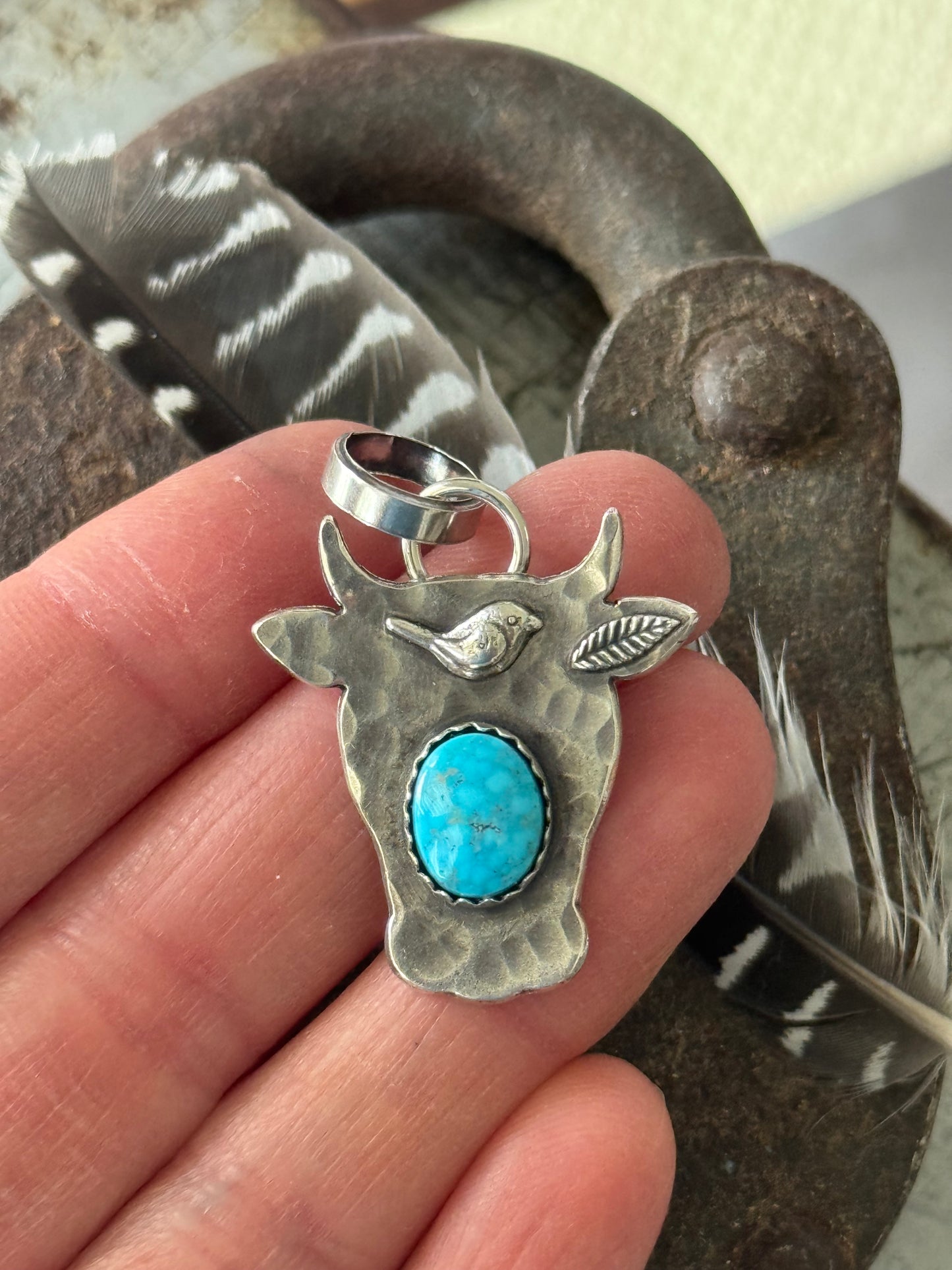 Cow sterling pendant with Kingman Turquoise pendant