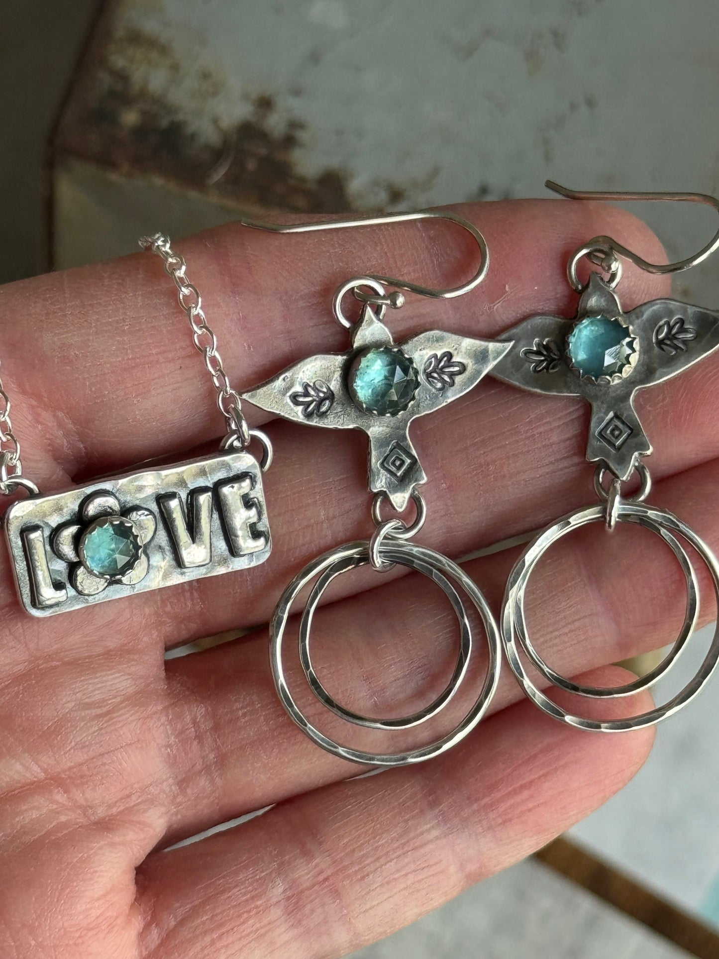 Teal Kyanite sterling hoop bird earrings