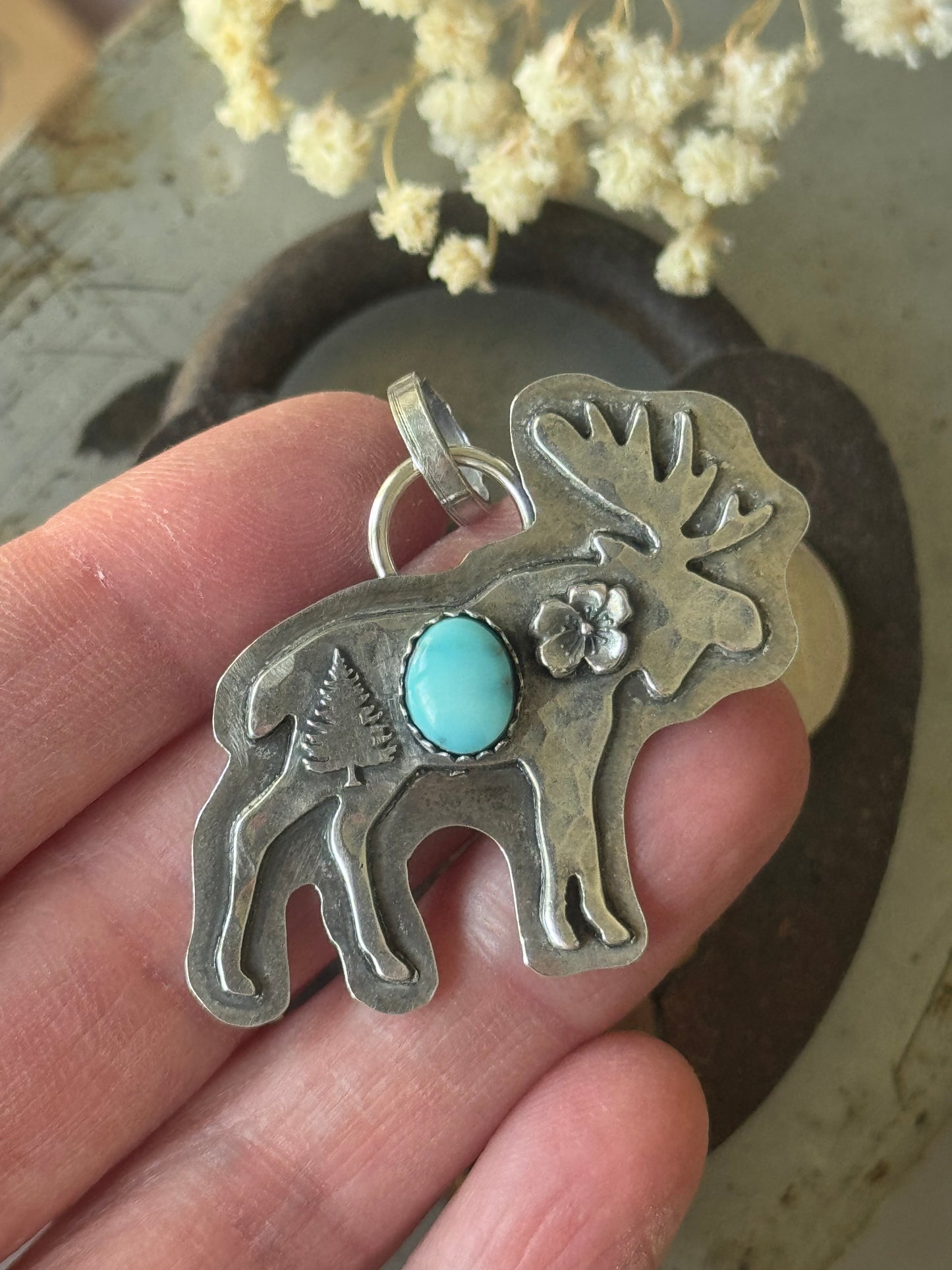 Reserved for Melissa Lone Mountain Turquoise Moose sterling pendant