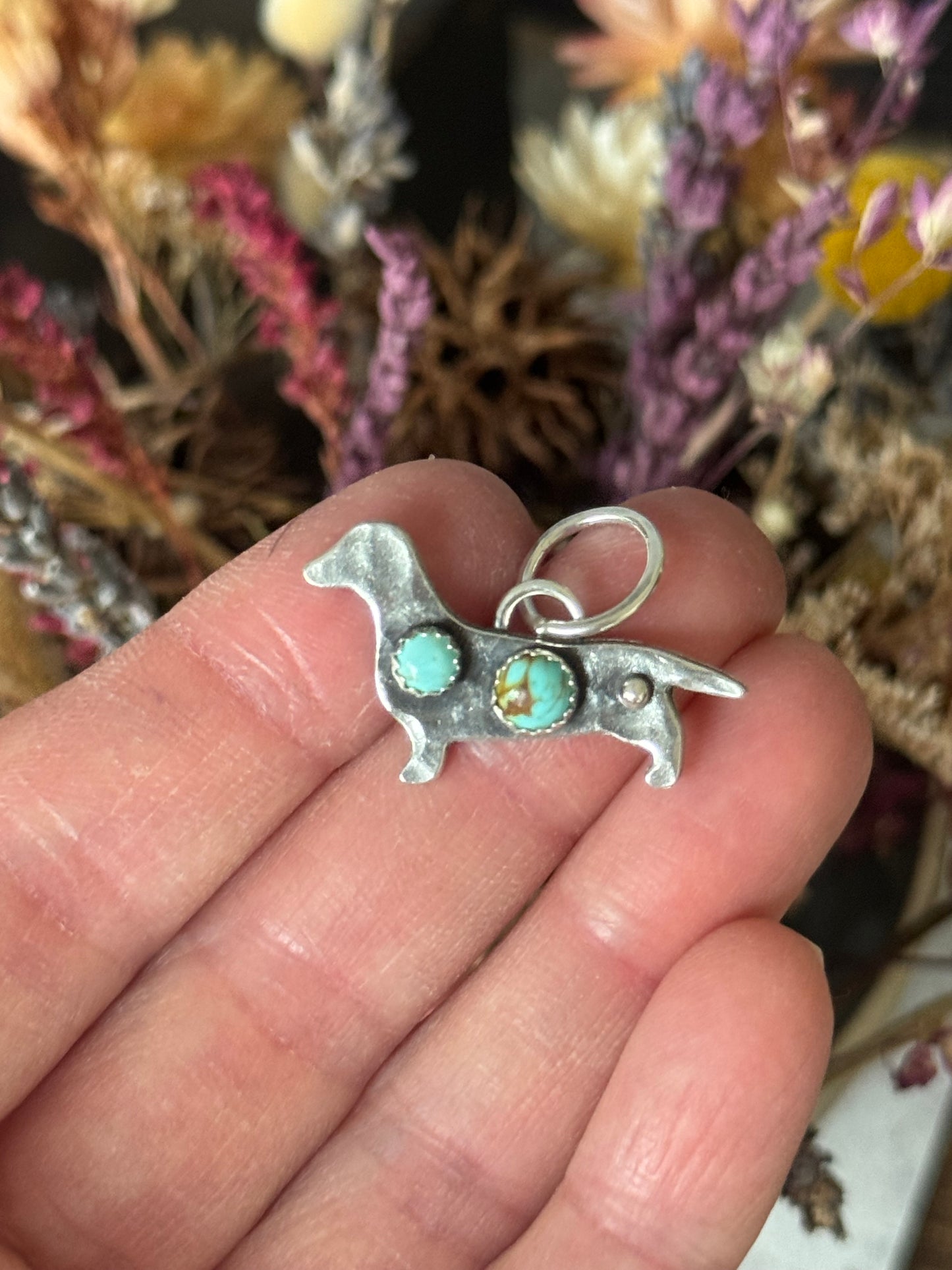 Kingman Turquoise sterling dachshund pendant