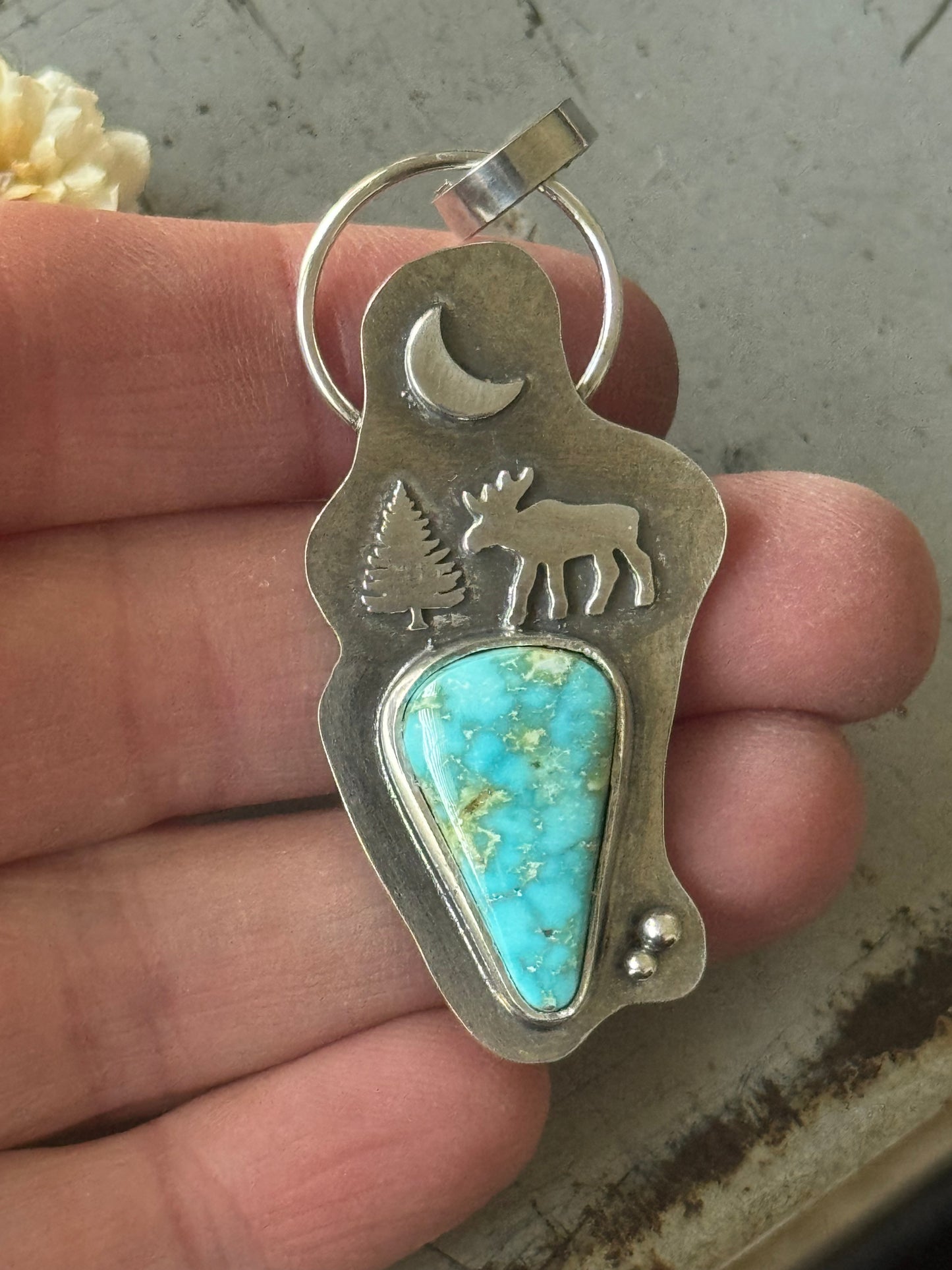 Turquoise Mountain Moose and evergreen sterling pendant