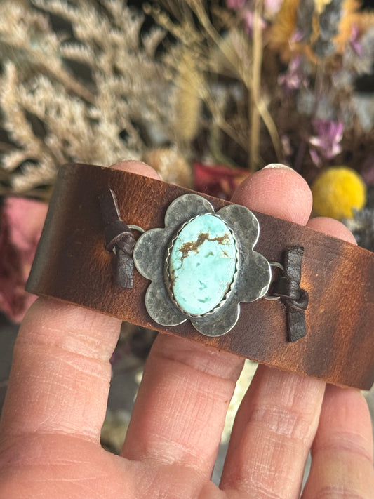 Dry Creek Turquoise sterling flower and leather adjustable bracelet