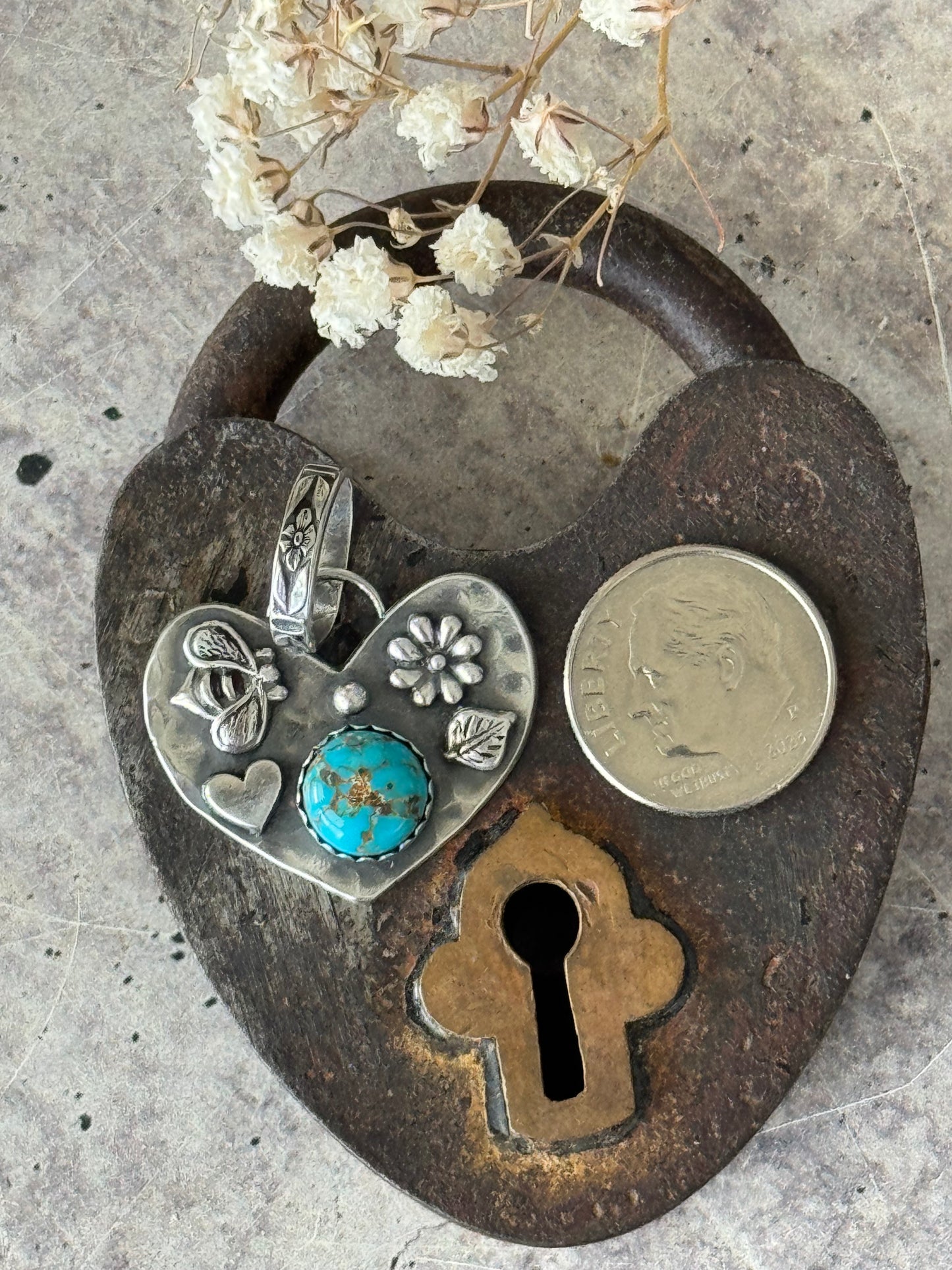 Lone Mountain Turquoise sterling bee heart pendant