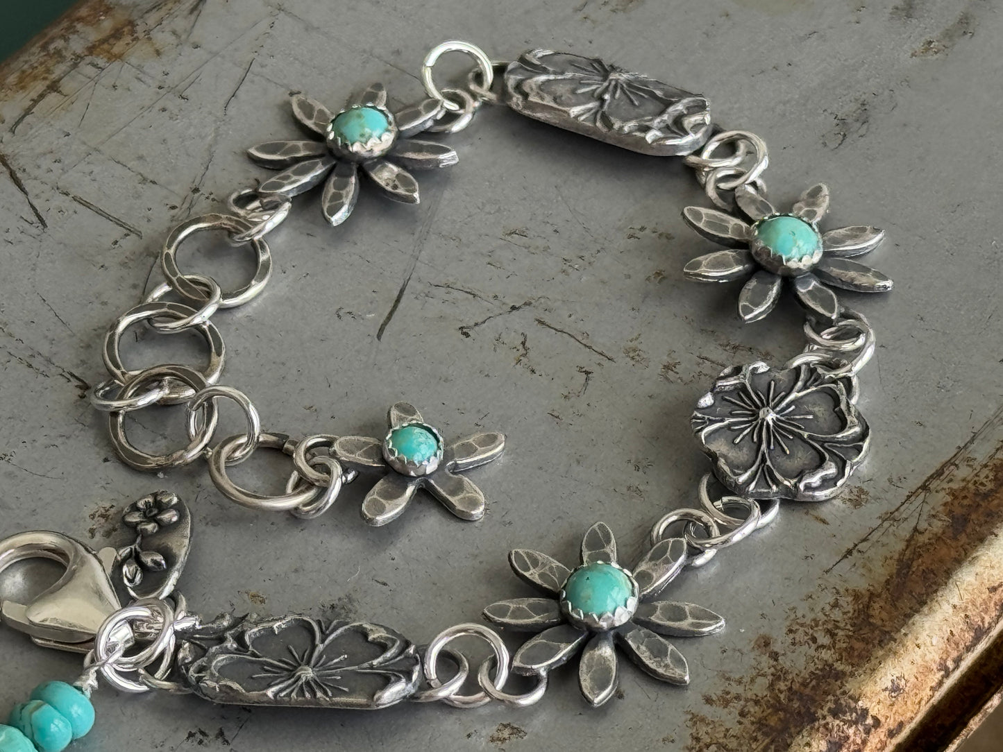 Kingman Turquoise sterling floral bracelet