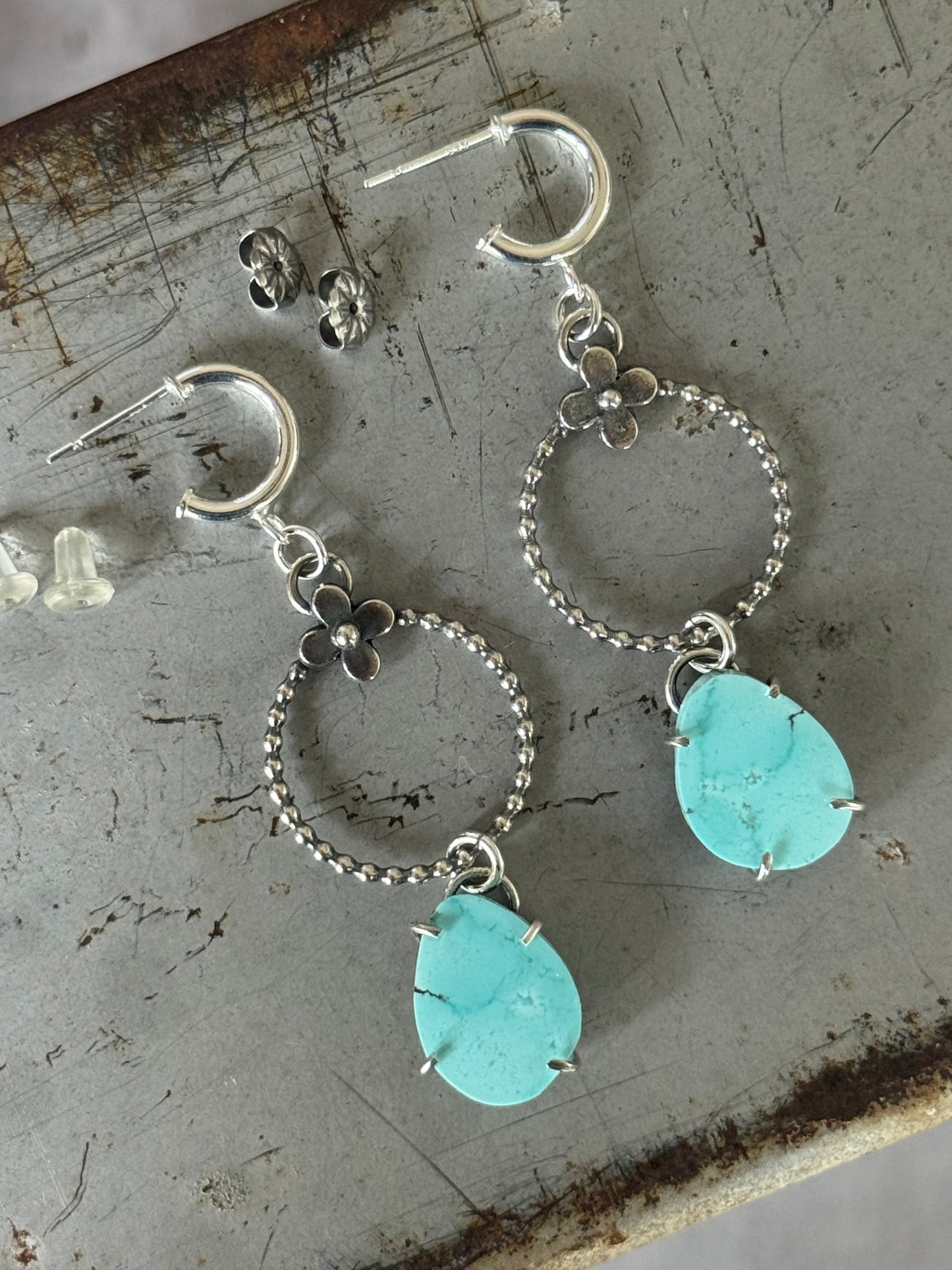 Golden Hills Turquoise Sterling flower hoop earrings