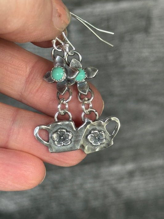 Kingman Turquoise flower sterling watering can earrings