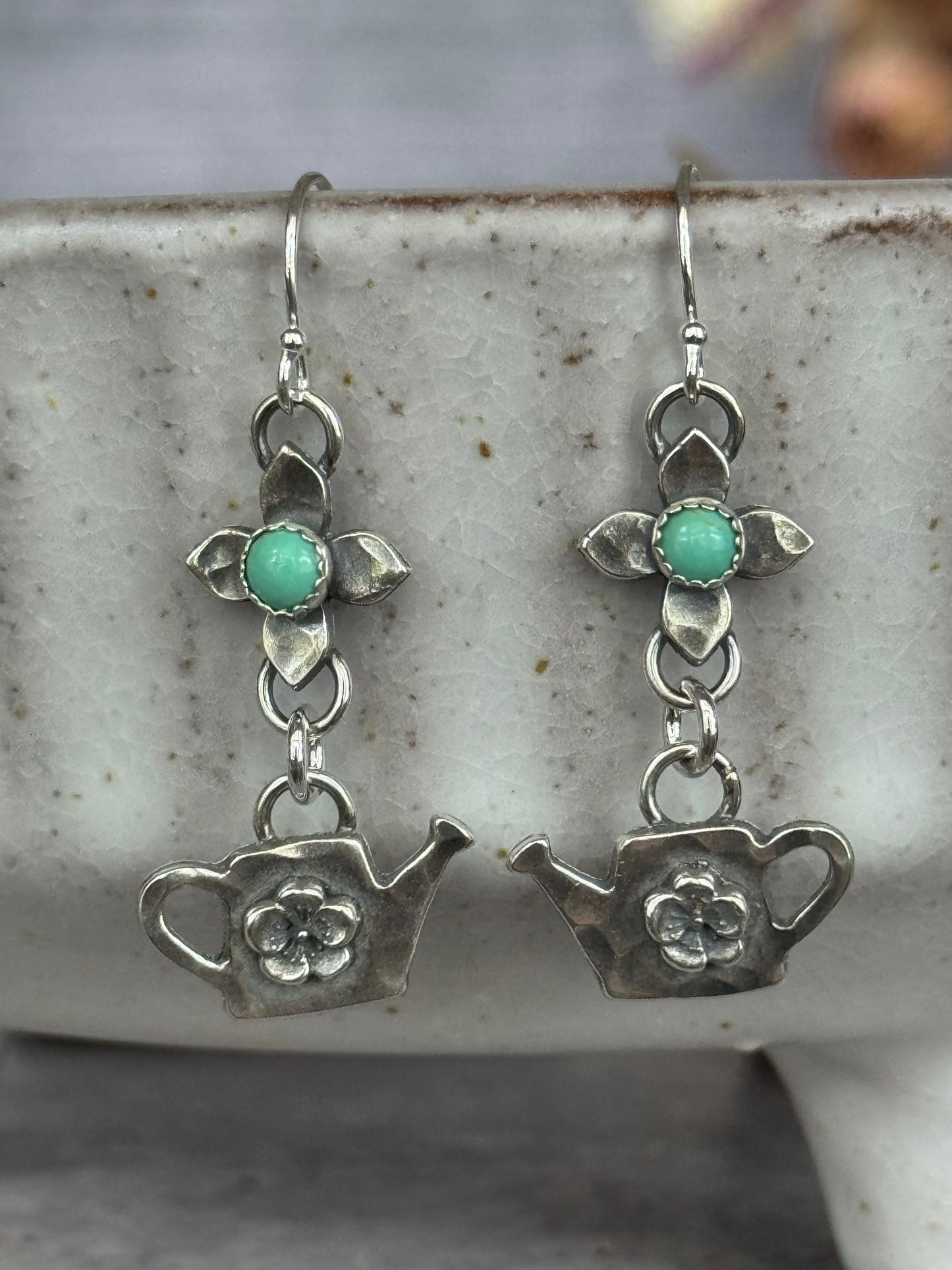 Kingman Turquoise flower sterling watering can earrings