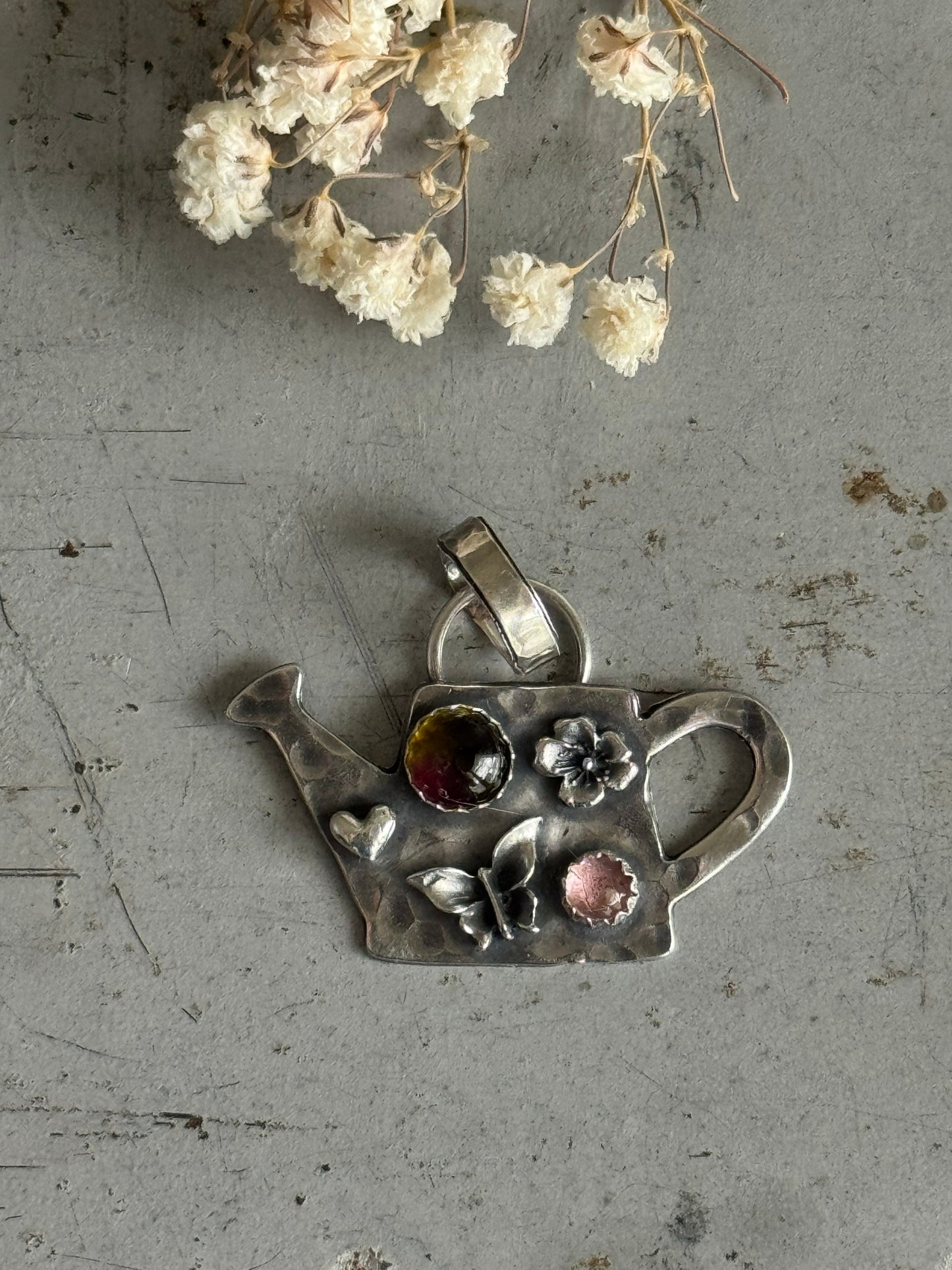 Watermelon Tourmaline and Pink Tourmaline sterling watering can pendant only