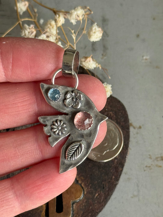 Strawberry Quartz and Blue Kyanite sterling bird pendant