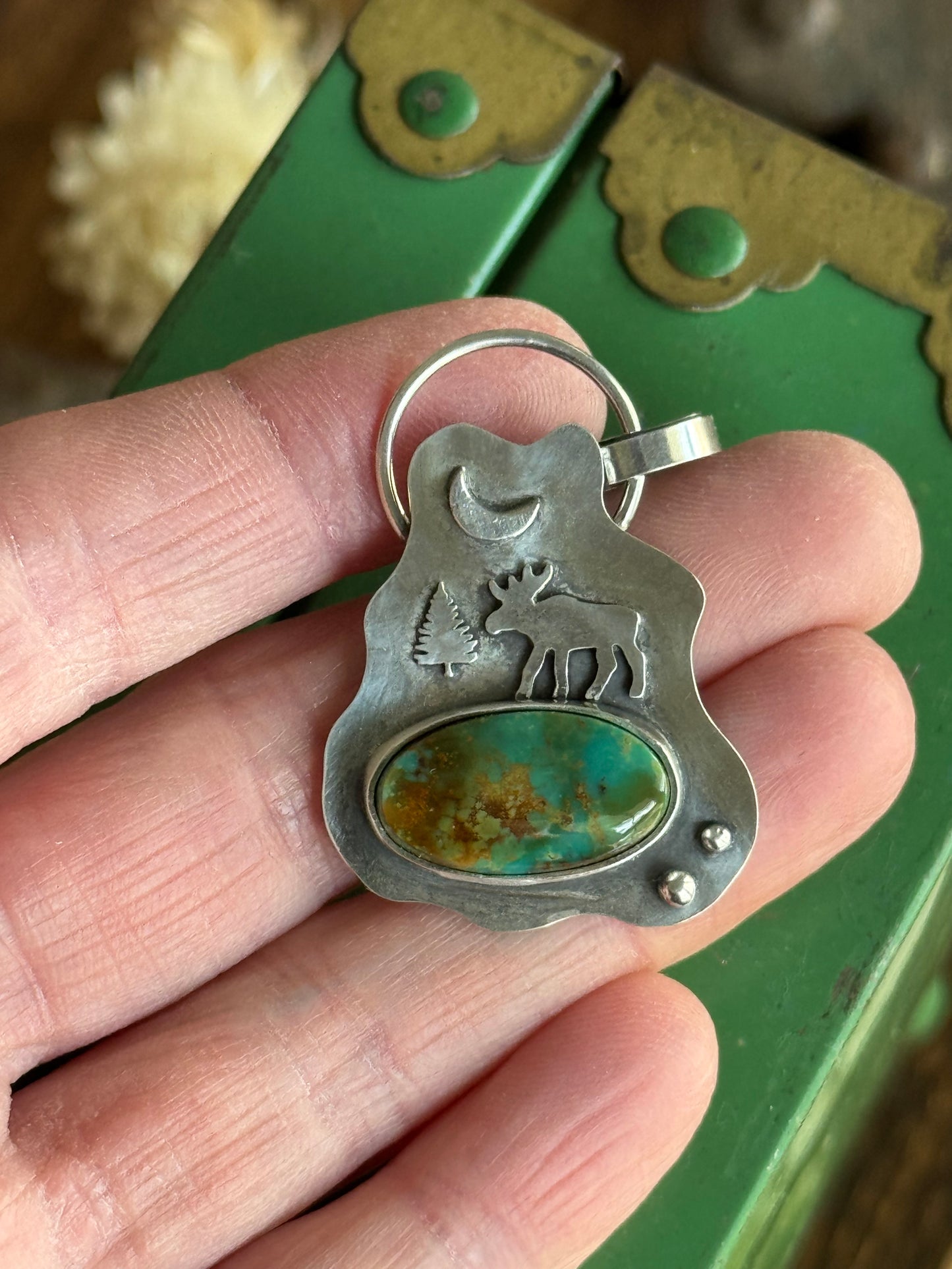 Pilot Mountain Moose and evergreen sterling pendant