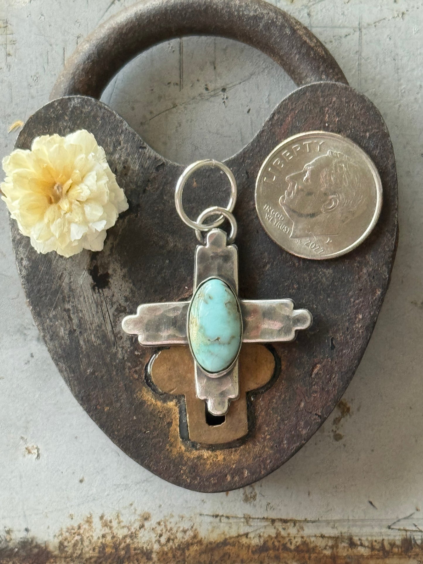 Cross sterling pendant with Dry Creek Turquoise