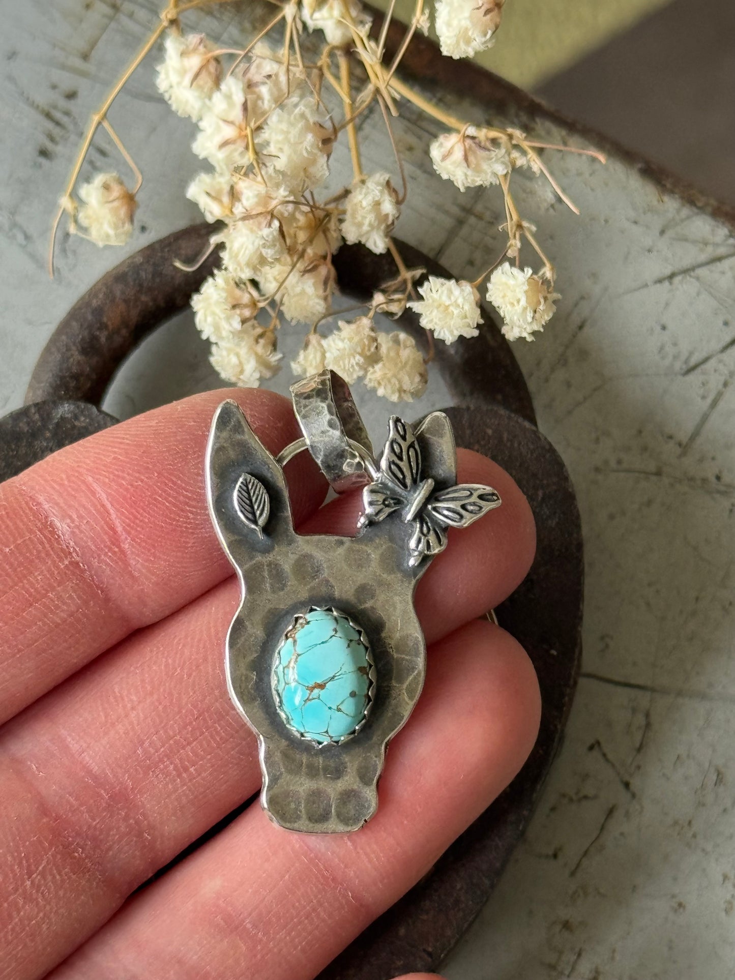 Lone Mountain Turquoise sterling Burro pendant