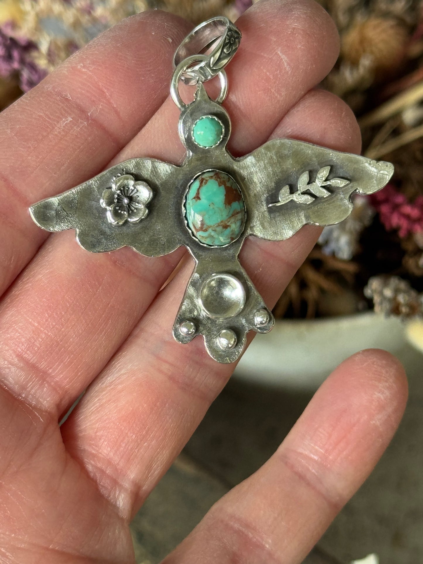 Kingman Turquoise sterling bird pendant