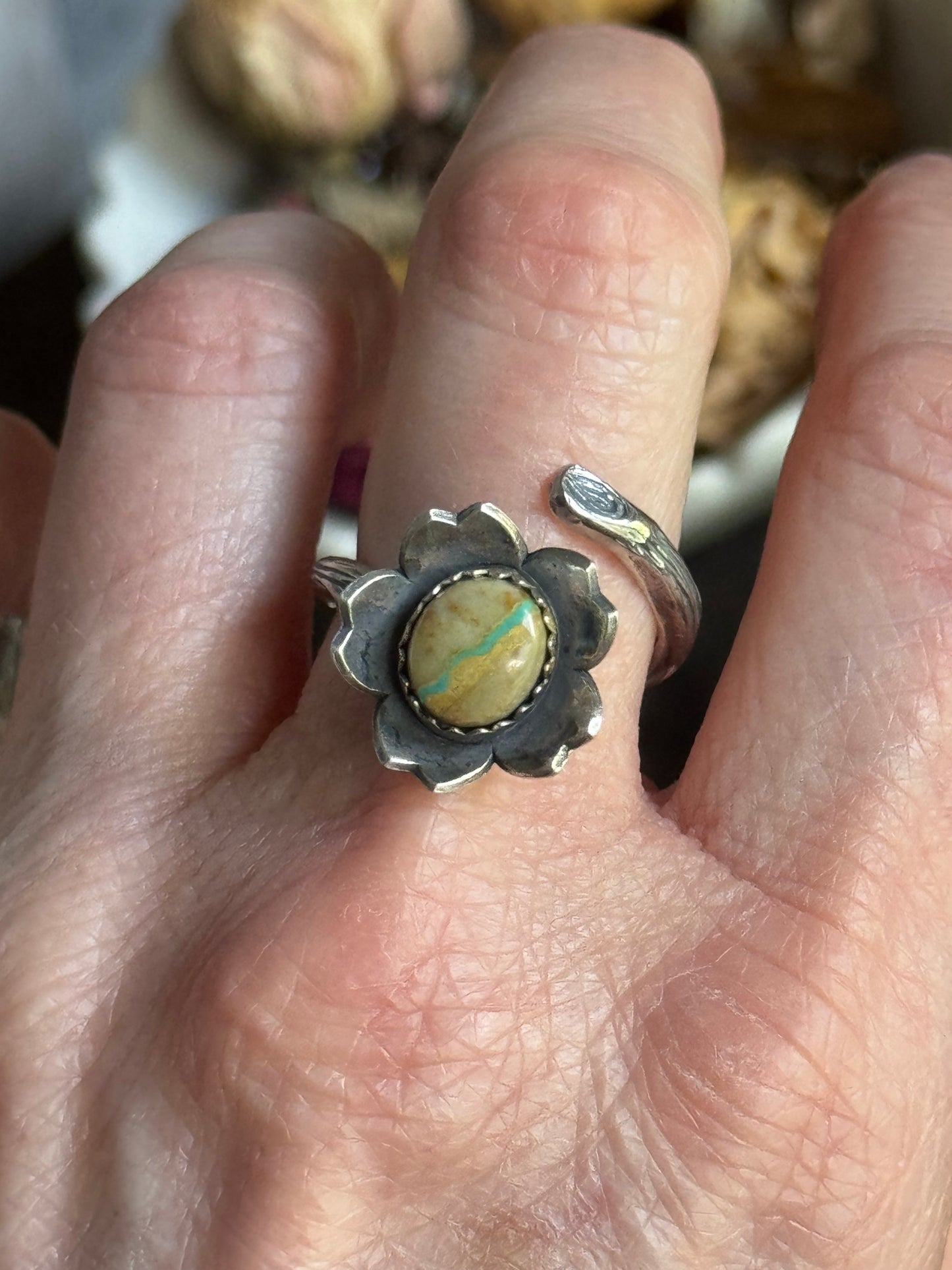 Twig wrap around sterling ring with Royston Ribbon Turquoise