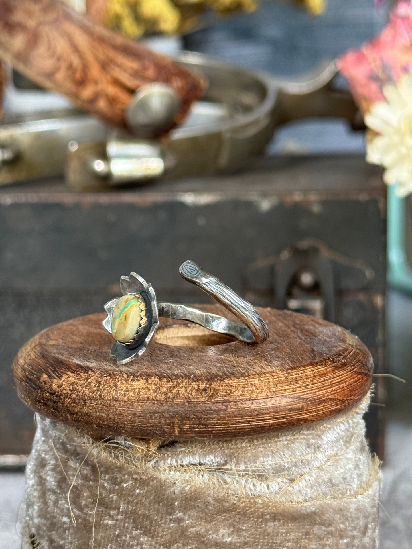 Twig wrap around sterling ring with Royston Ribbon Turquoise