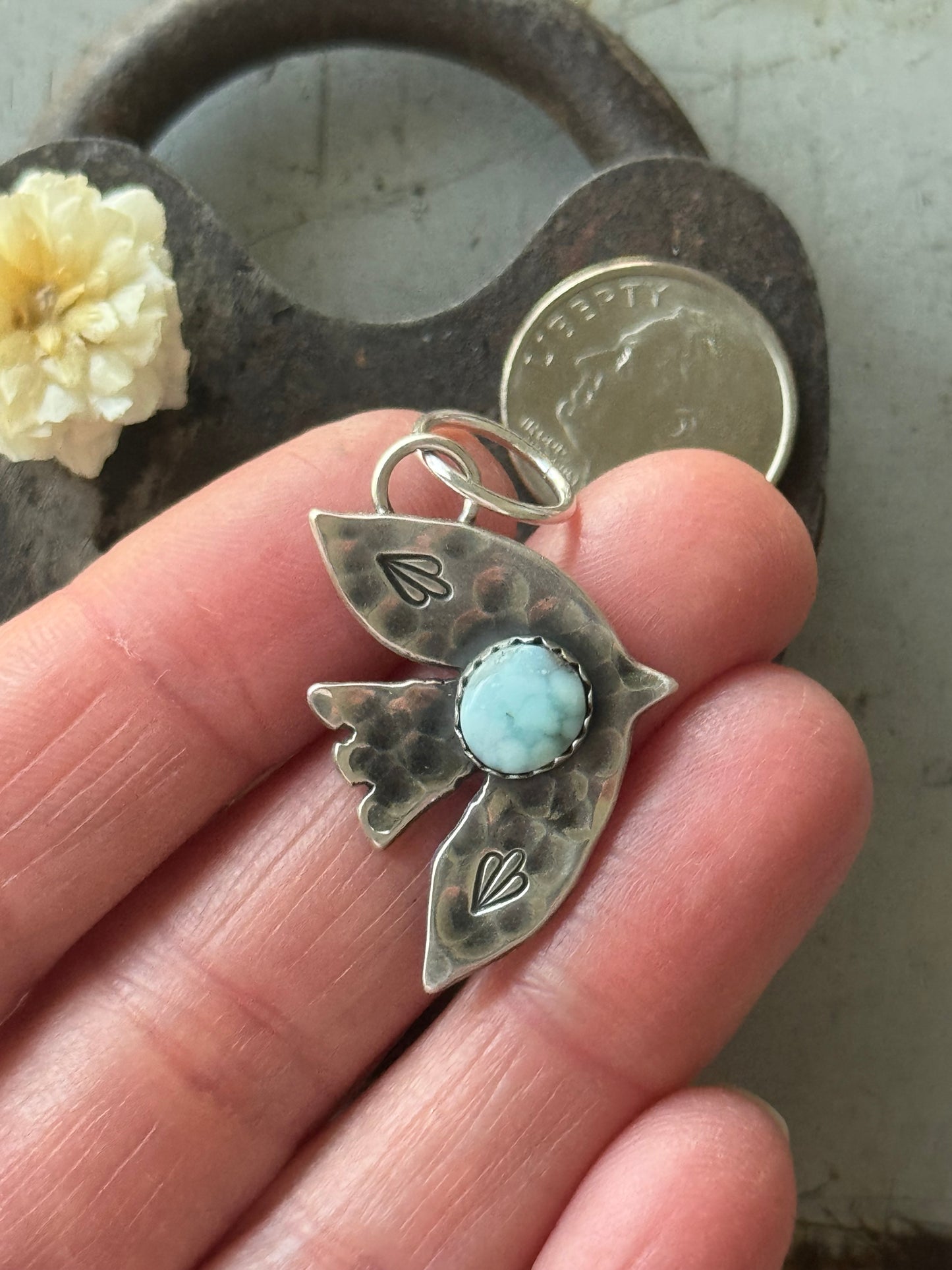 Bird sterling pendant with Dry Creek Turquoise