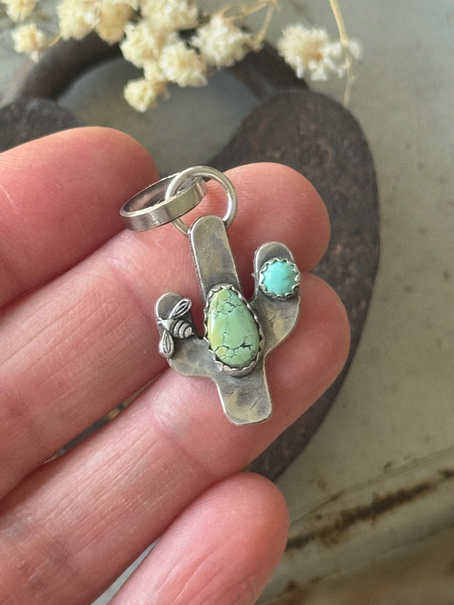 Cactus sterling pendant with Blue Moon Turquoise and Kingman Turquoise