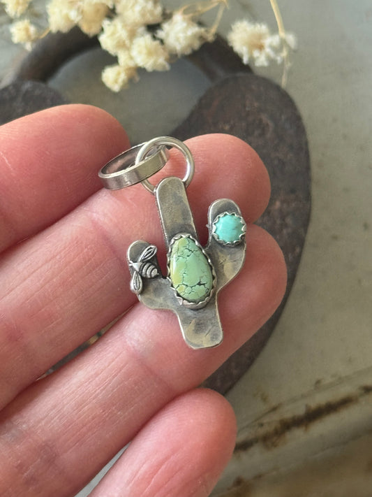 Cactus sterling pendant with Blue Moon Turquoise and Kingman Turquoise