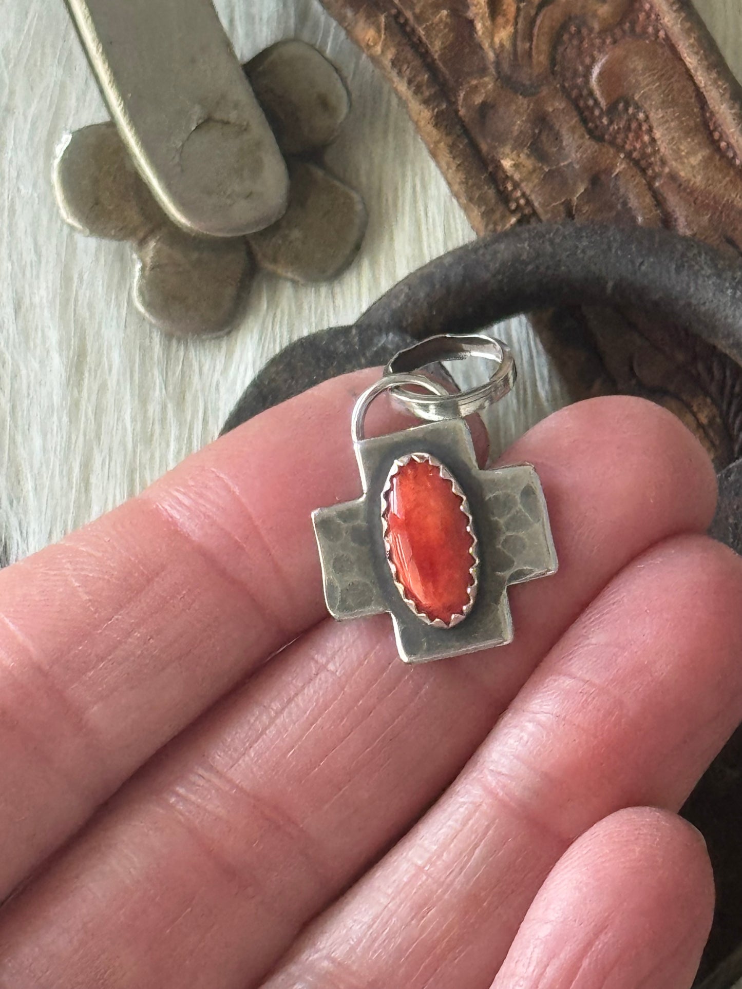 Red Spiny Oyster sterling cross pendant