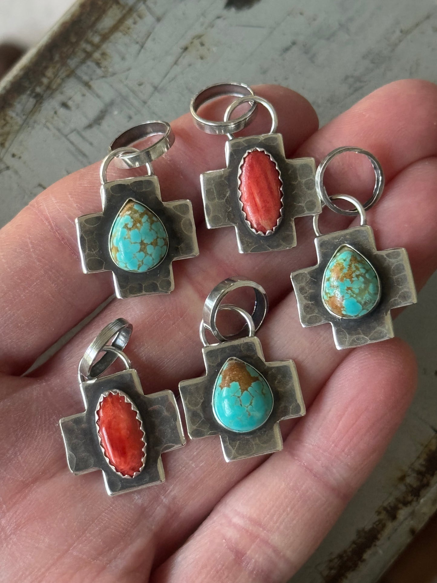 Red Spiny Oyster sterling cross pendant