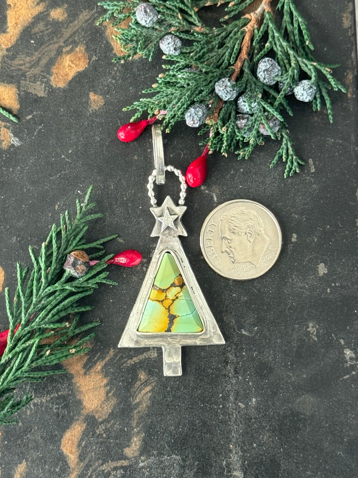 Christmas tree sterling pendant with Treasure Mountain Turquoise