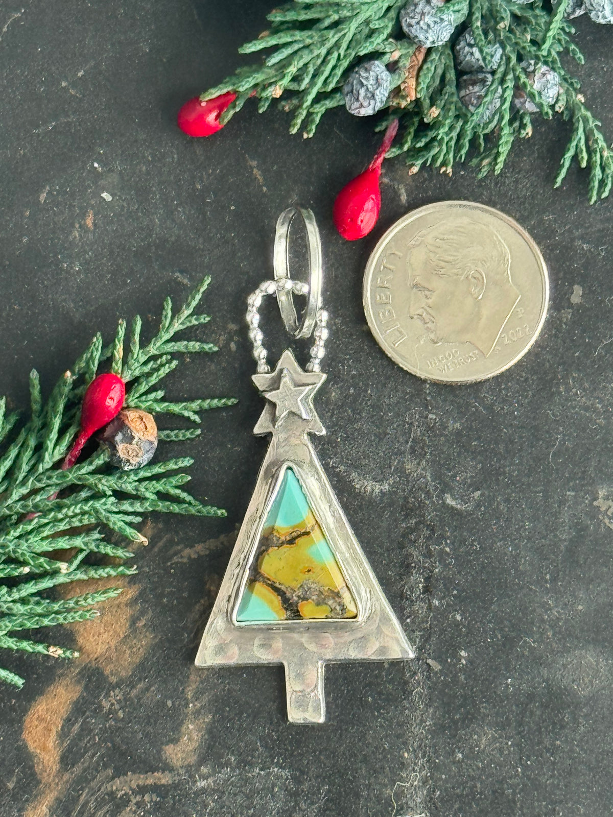 Christmas tree sterling pendant with Treasure Mountain Turquoise