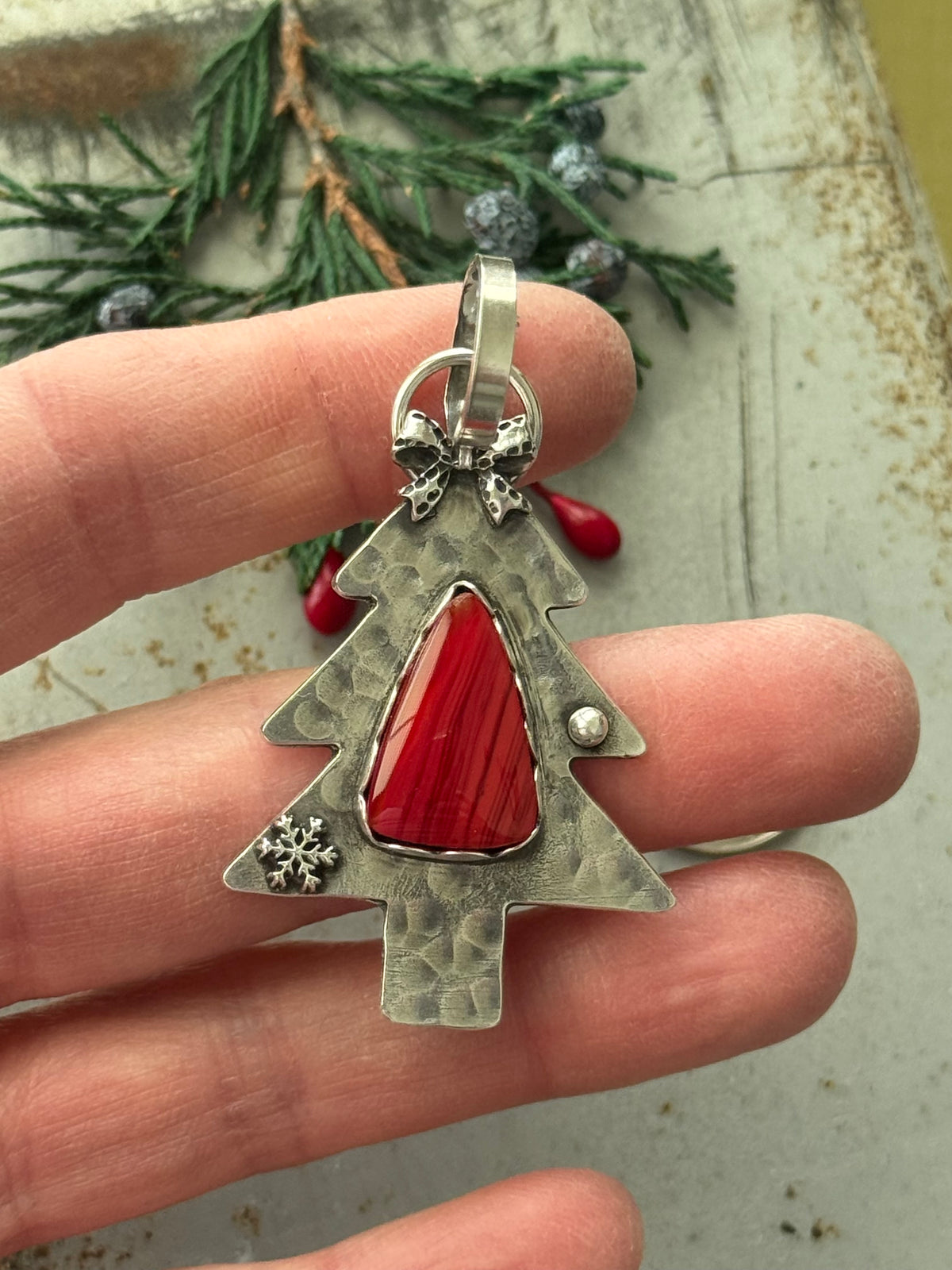 Christmas tree sterling pendant with Rosarita, a bow and snowflake