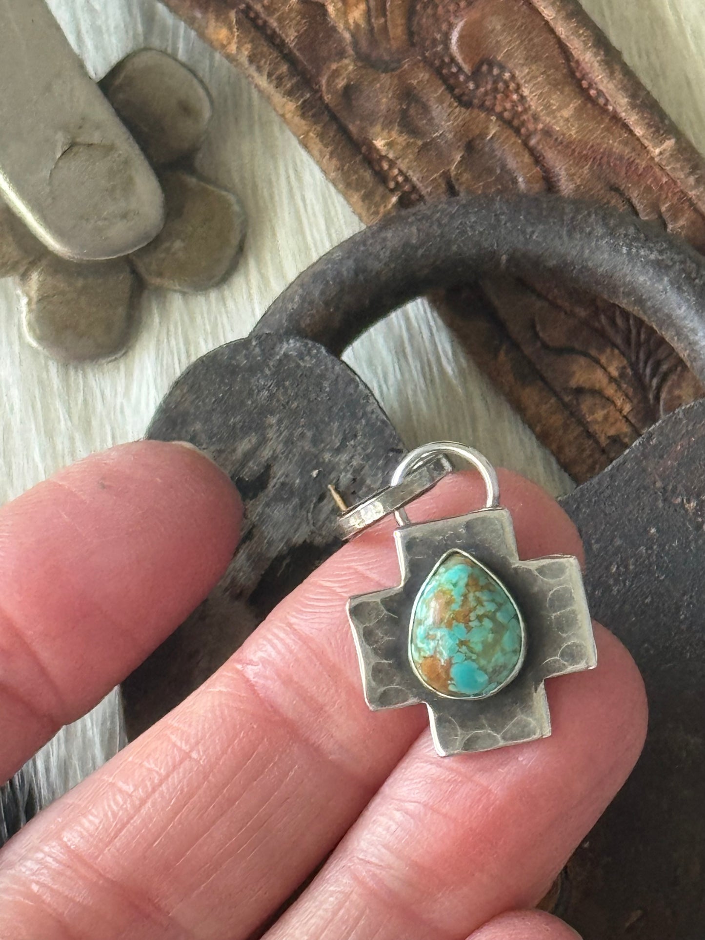 Sterling cross pendant with Number 8 Turquoise