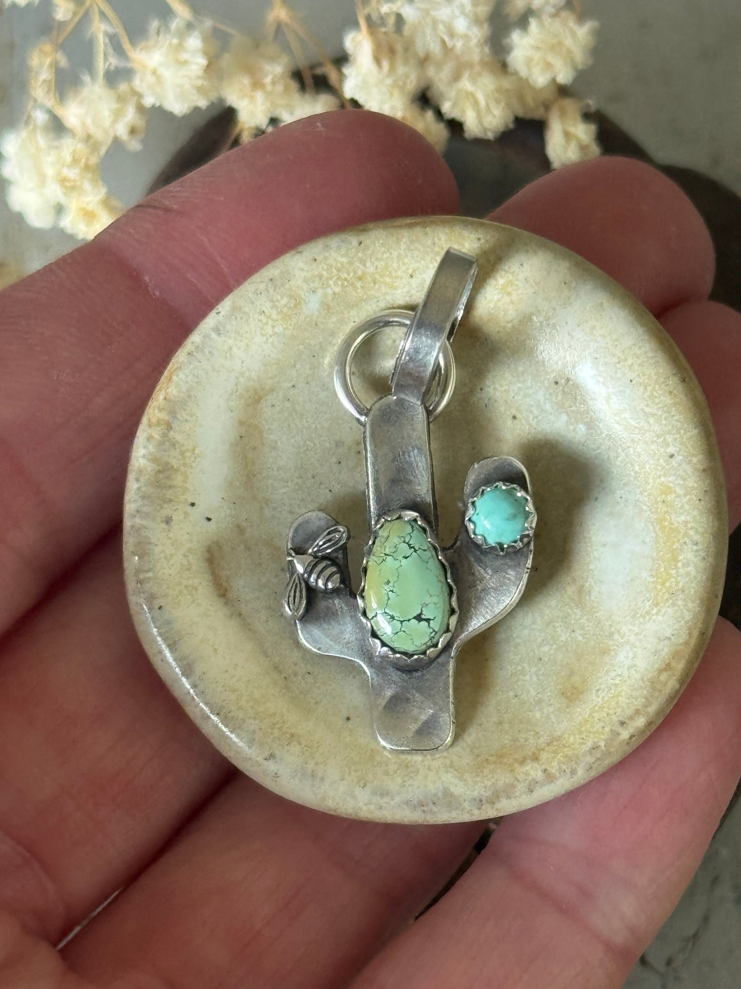 Cactus sterling pendant with Blue Moon Turquoise and Kingman Turquoise