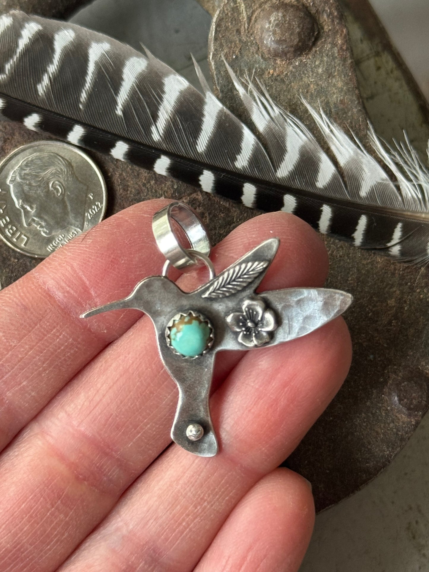 Number 8 Turquoise sterling hummingbird pendant