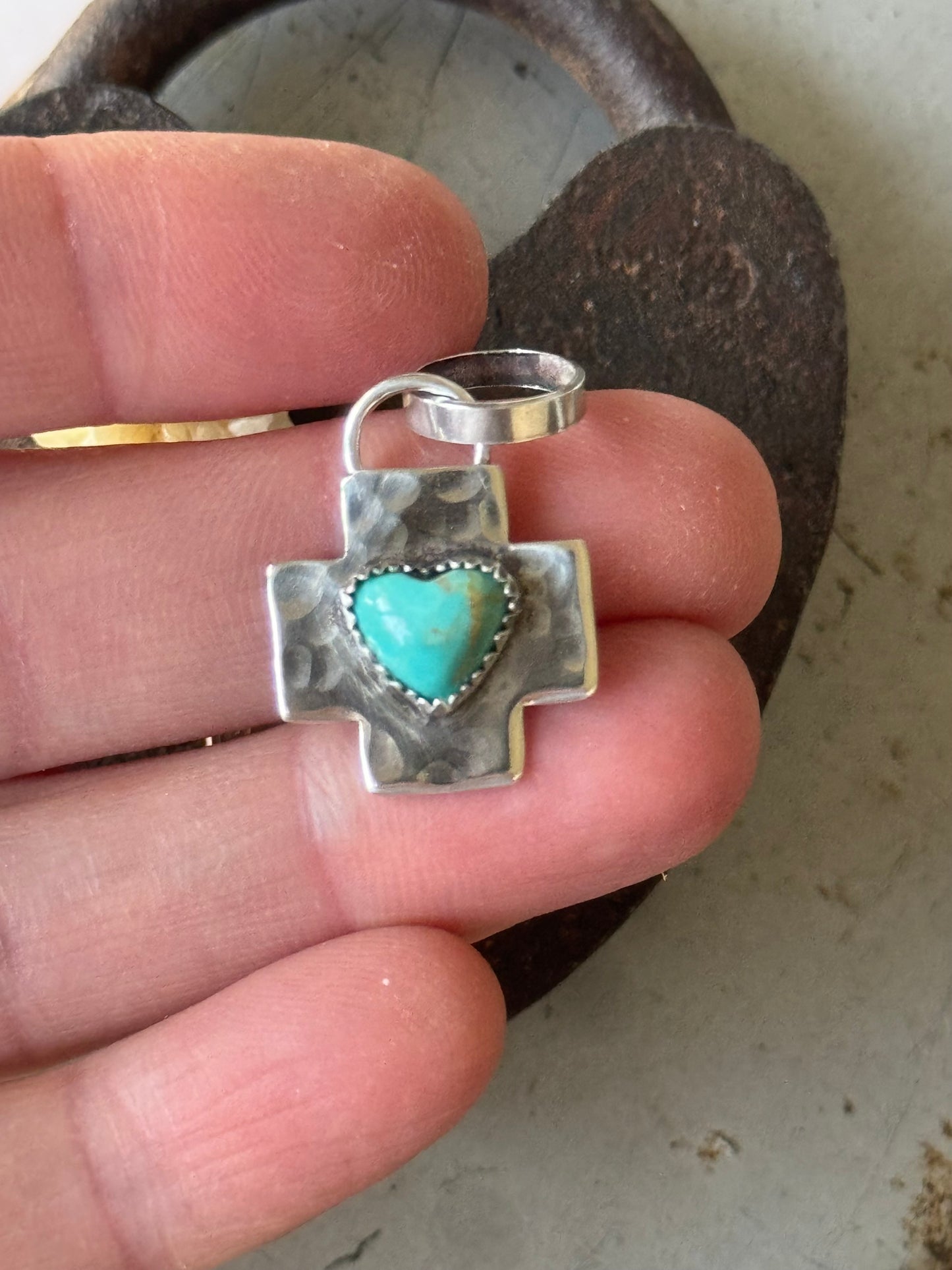 Cross sterling heart pendant with Kingman Turquoise