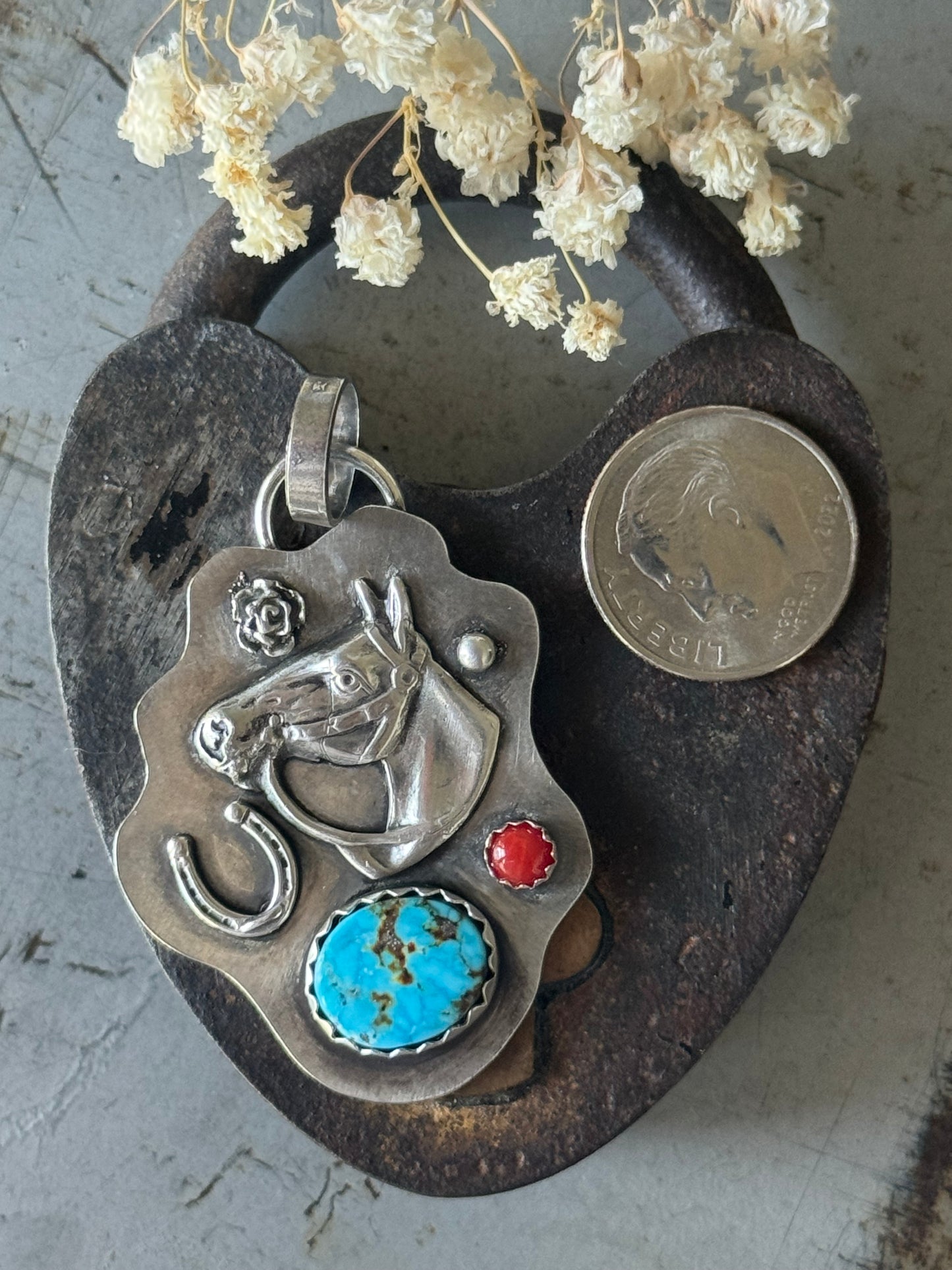 Kingman Turquoise and Coral  sterling horse and horseshoe pendant