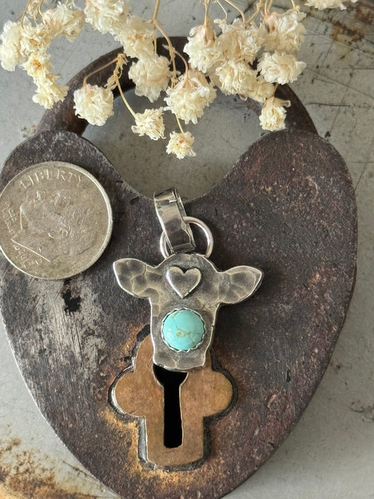 Sterling cow pendant with high grade Number 8 Turquoise