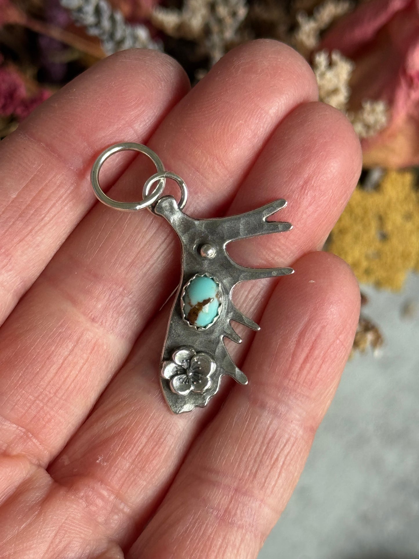 Lone Mountain Turquoise sterling moose antler pendant