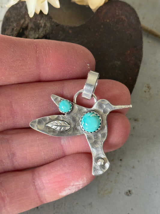 Hummingbird sterling pendant with Lone Mountain Turquoise