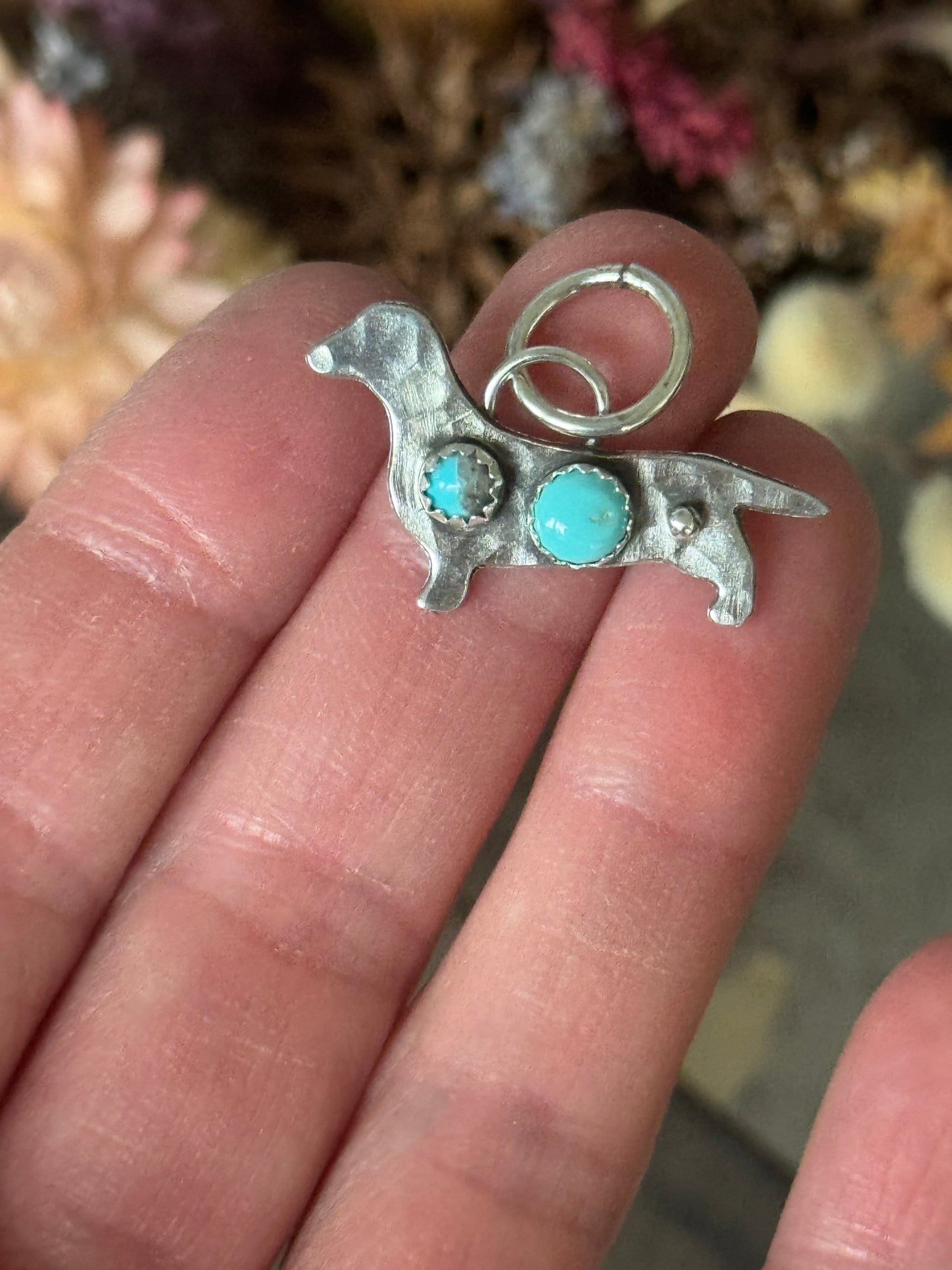 Kingman Turquoise sterling dachshund pendant