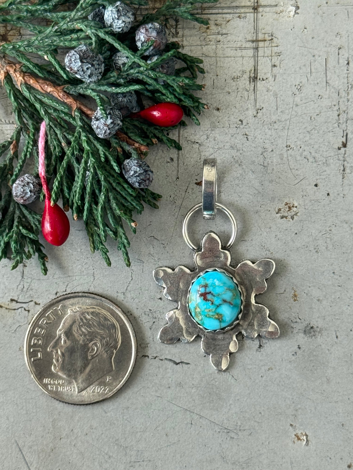 High Grade Kingman Turquoise sterling snowflake pendant