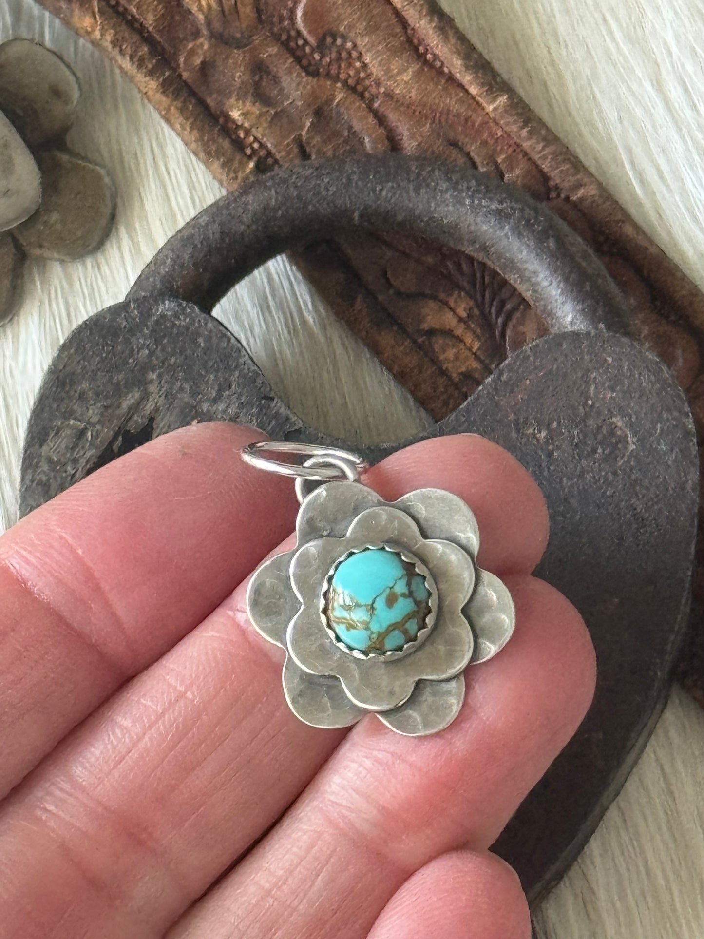 Double Flower pendant with Number 8 Turquoise